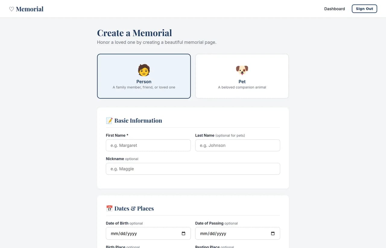 Create memorial form