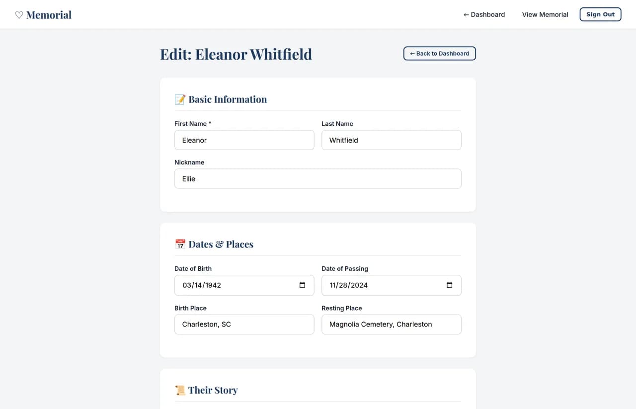 Edit memorial page