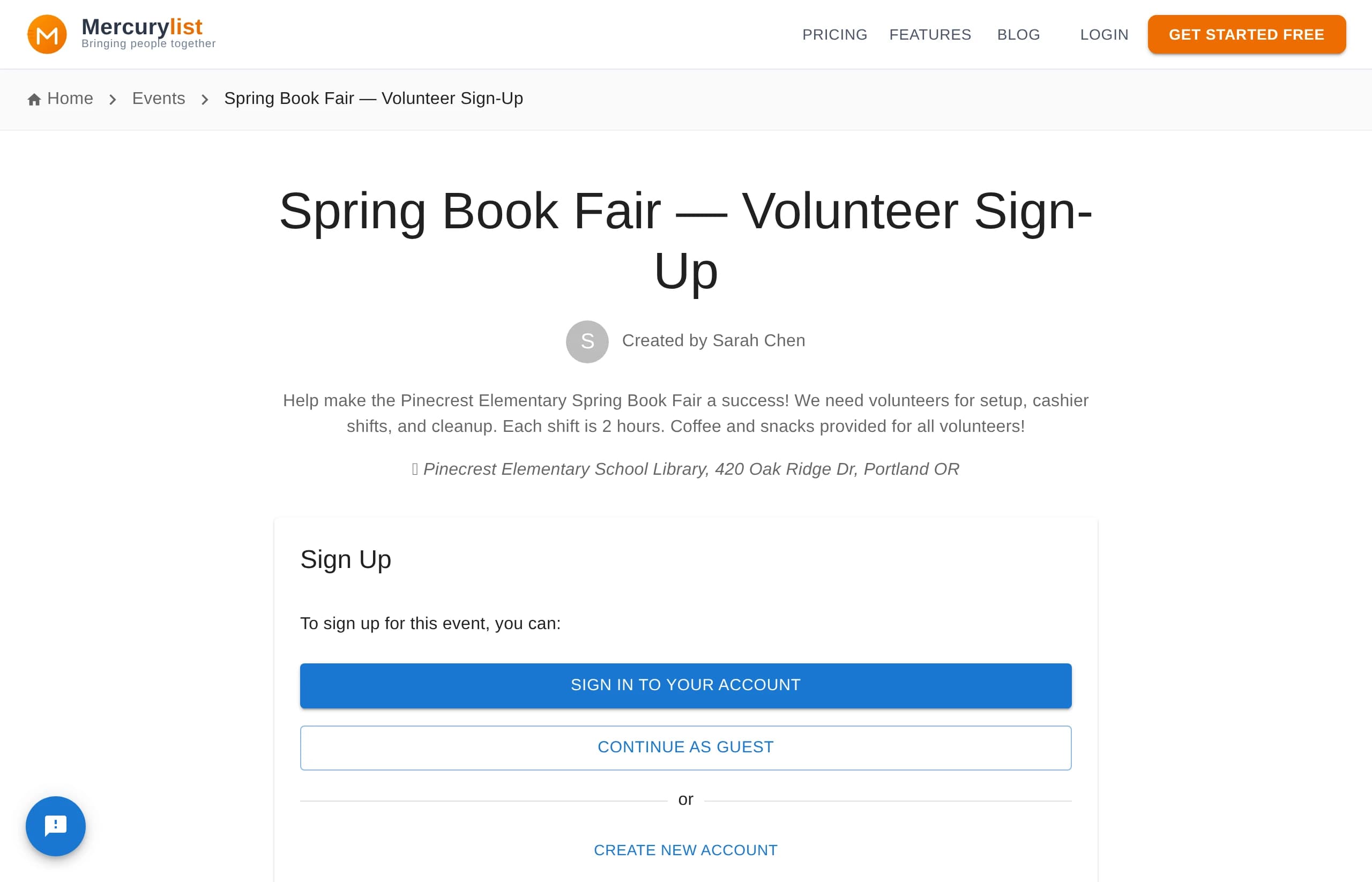 Event detail page