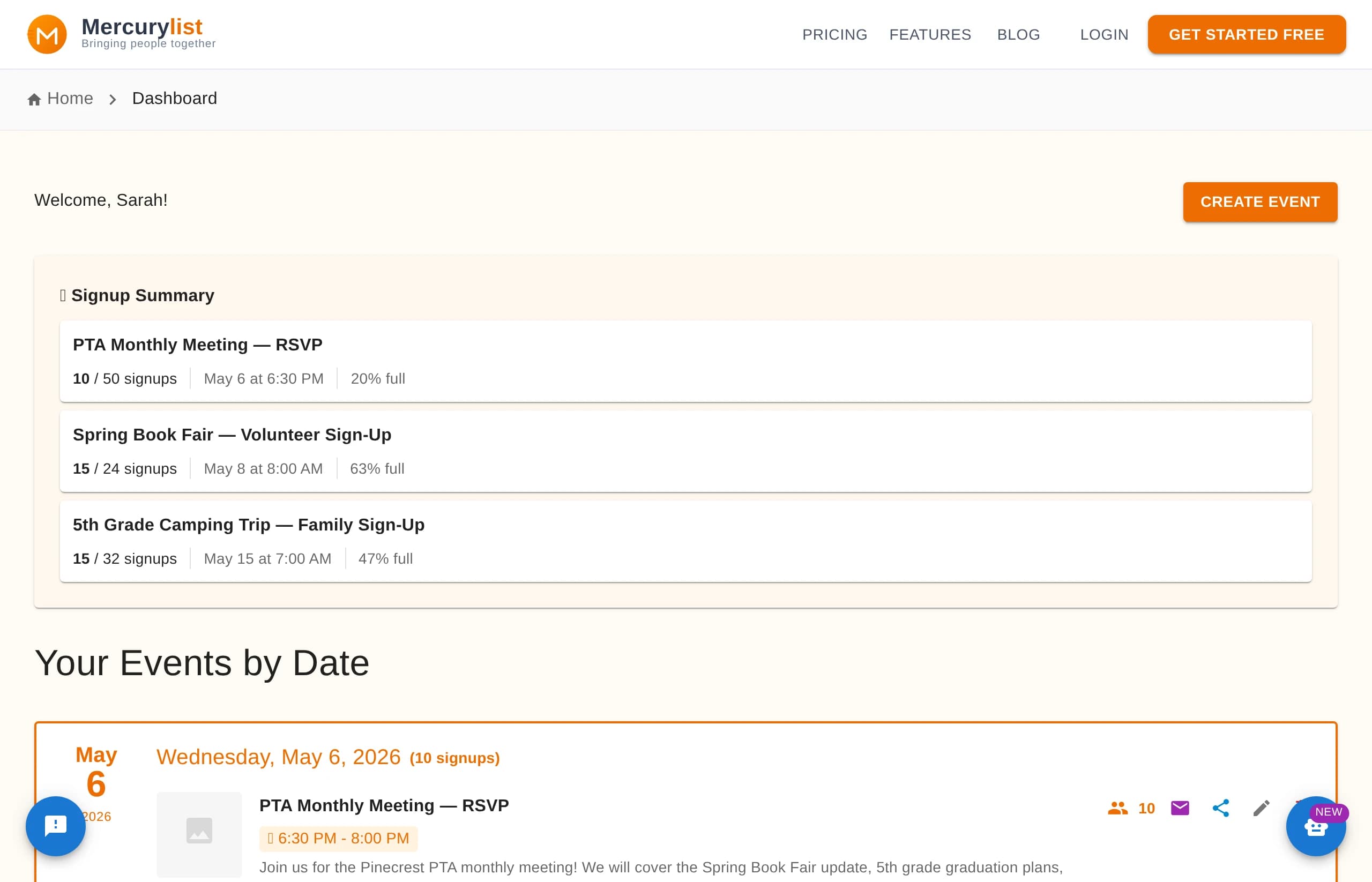 Organizer dashboard