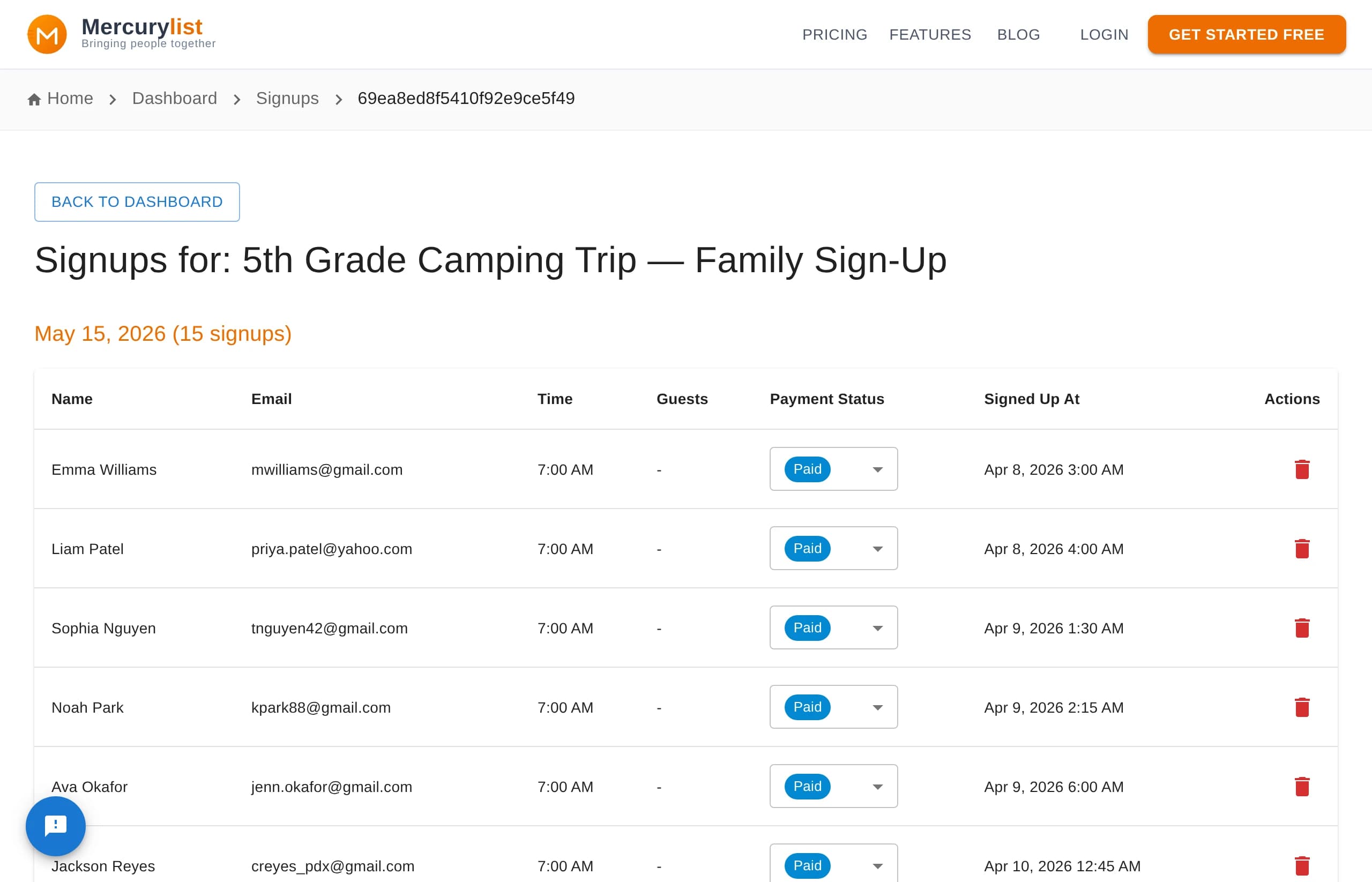 Signups view