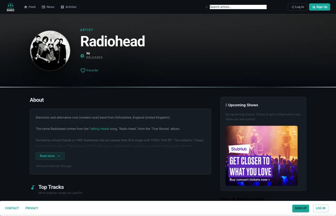 Artist profile page